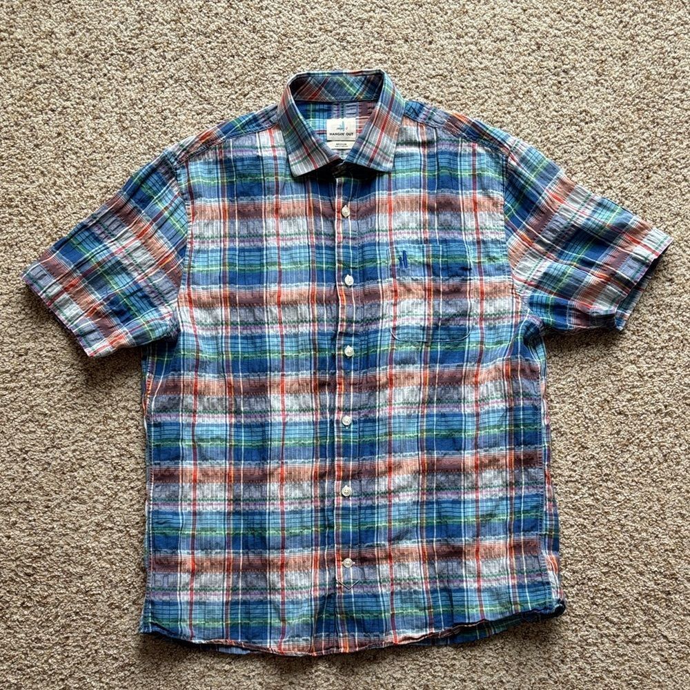 Johnnie-O Men’s Plaid S/S Cotton Linen Button Down Shirt M